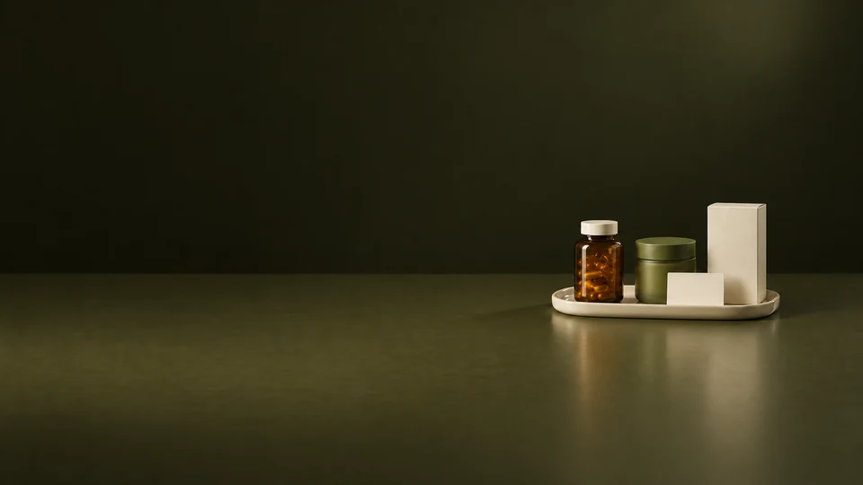 An amber supplement bottle, olive jar and ivory carton arranged on a complete cream tray.