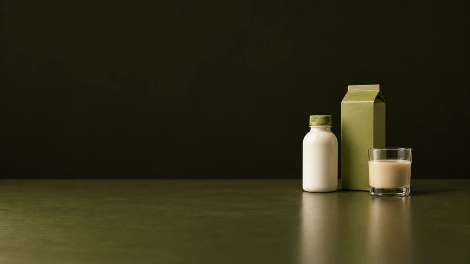 A closed ivory shake bottle, olive drink carton and glass of beige shake on an olive table.