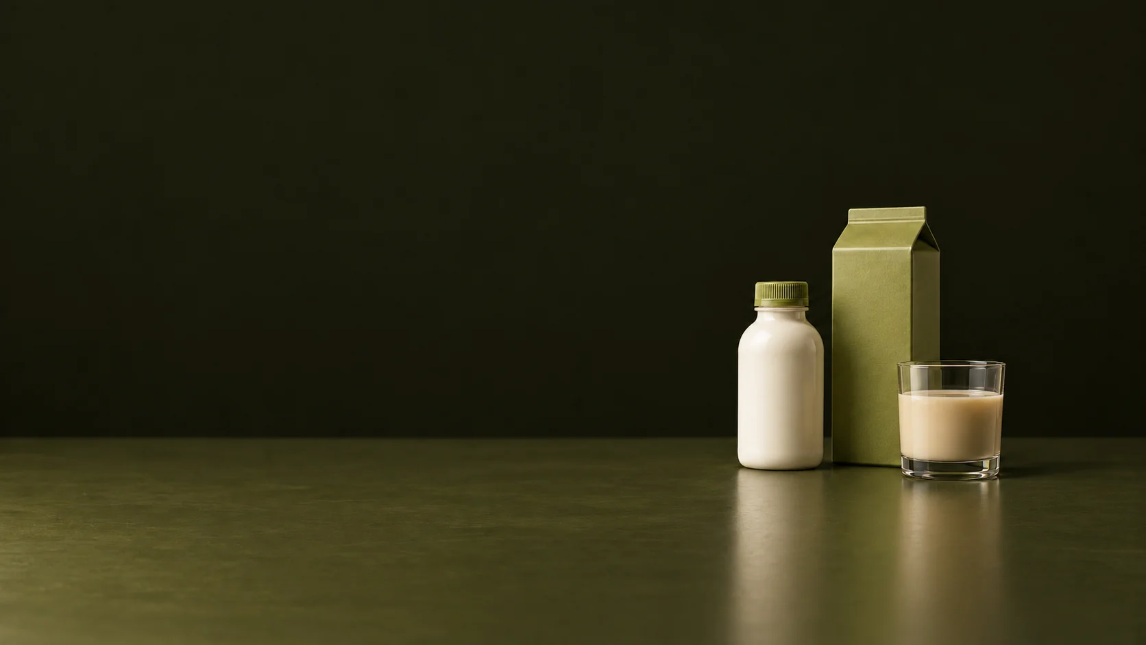 A closed ivory shake bottle, olive drink carton and glass of beige shake on an olive table.
