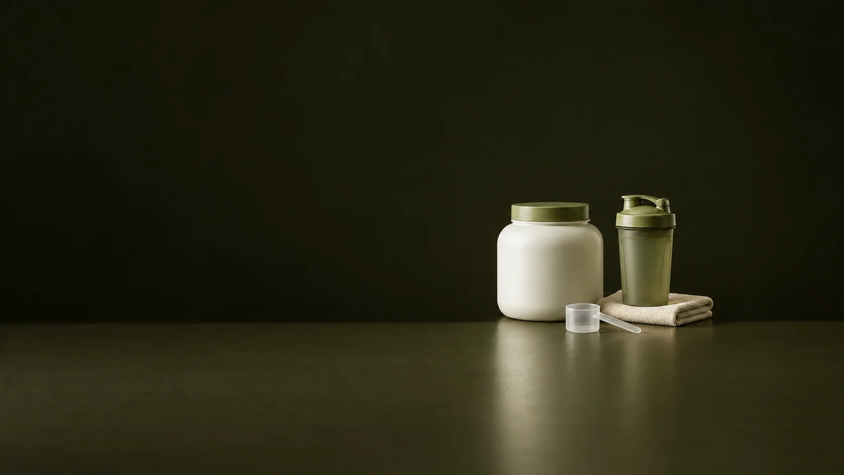 An ivory powder tub, olive shaker, cream towel and empty translucent scoop.