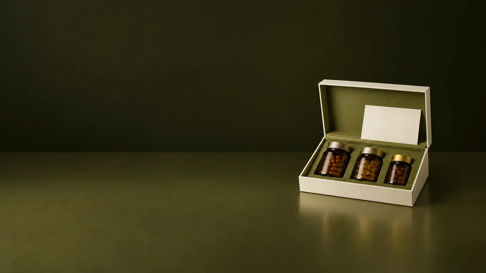 An open ivory case with olive lining, three small amber supplement bottles and a blank card.