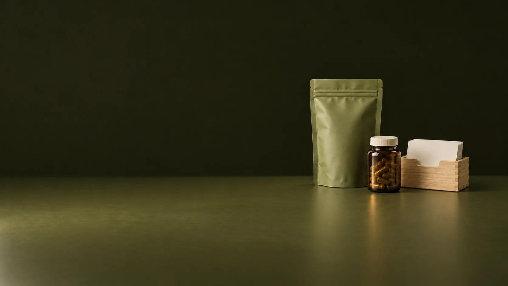 A sealed olive supplement pouch, amber bottle and wooden holder of blank index cards.
