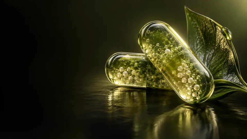 Two translucent olive capsules containing pale spheres beside curved leaf-shaped glass.