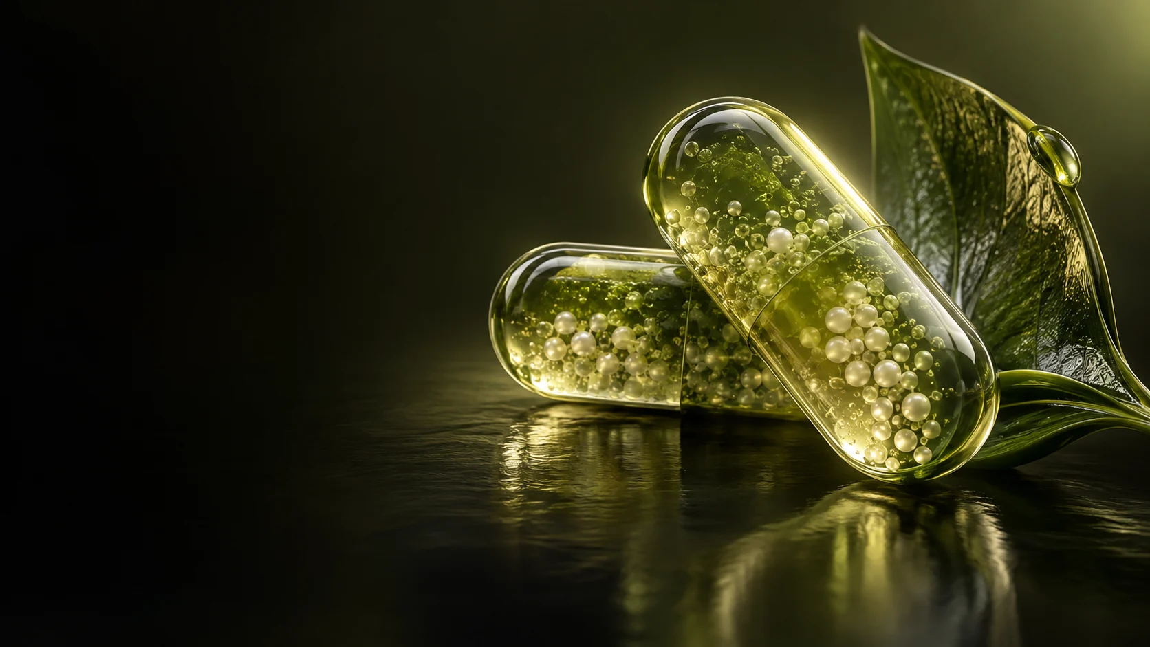 Two translucent olive capsules containing pale spheres beside curved leaf-shaped glass.