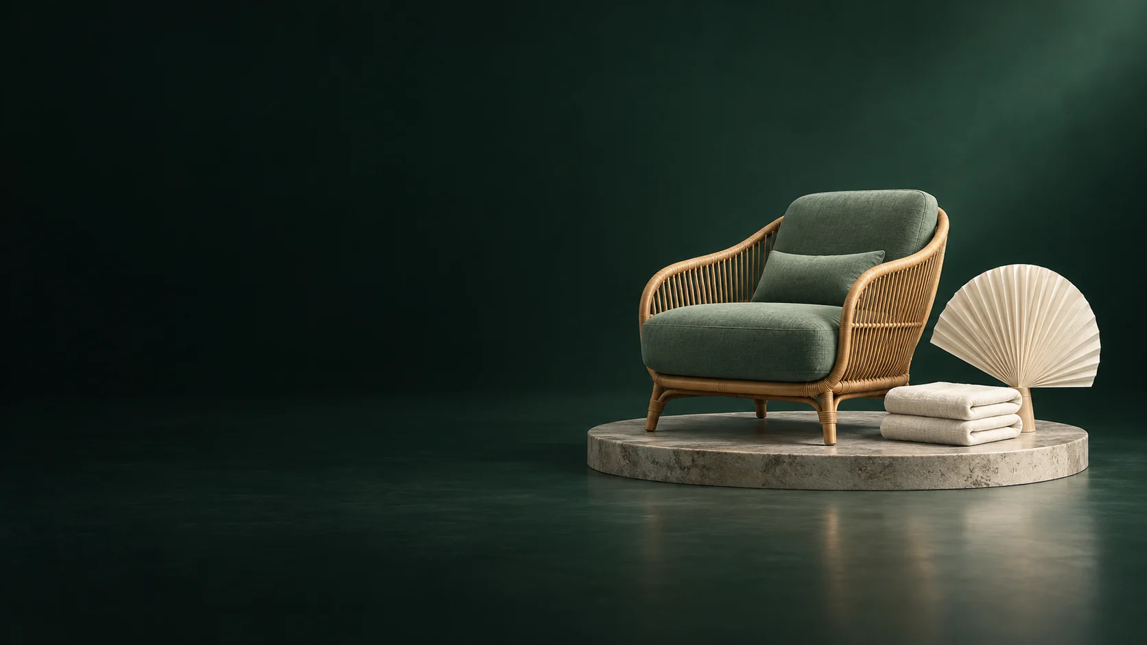A sage consultation chair, folded ivory linens and pleated paper fan sit on an oval stone platform.