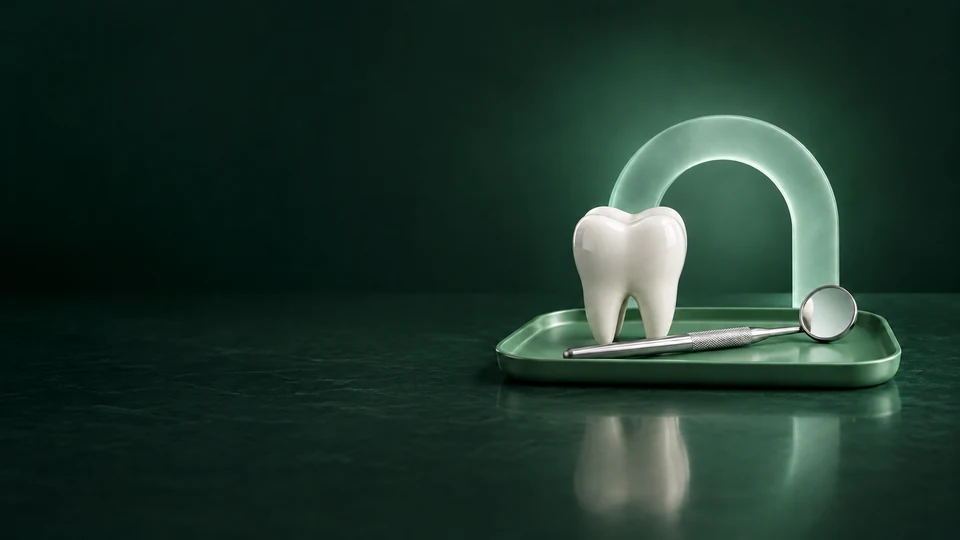 An ivory ceramic tooth-shaped model and round dental mirror sit on a sage tray in front of a frosted arch.