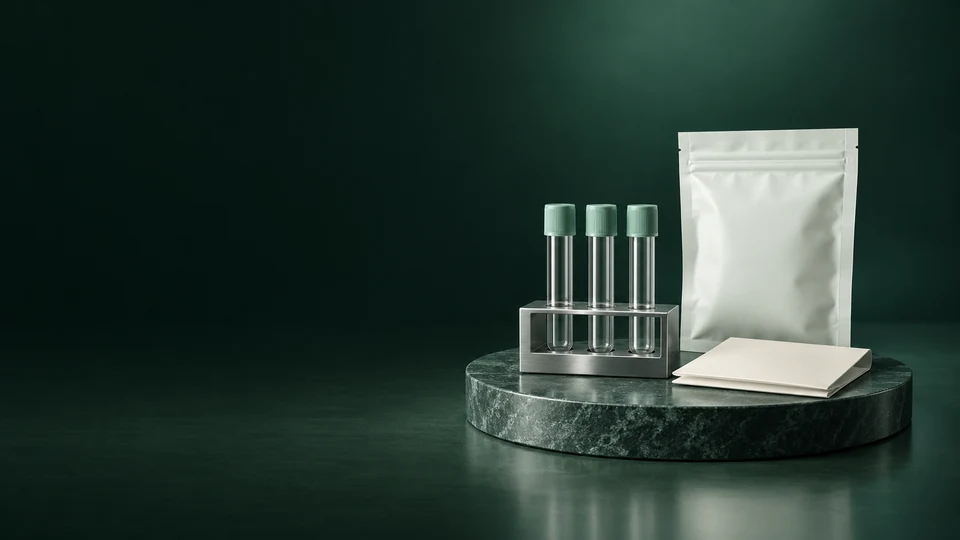 Empty capped glass tubes in an aluminum rack sit beside a sealed pouch and blank folded paper on dark stone.