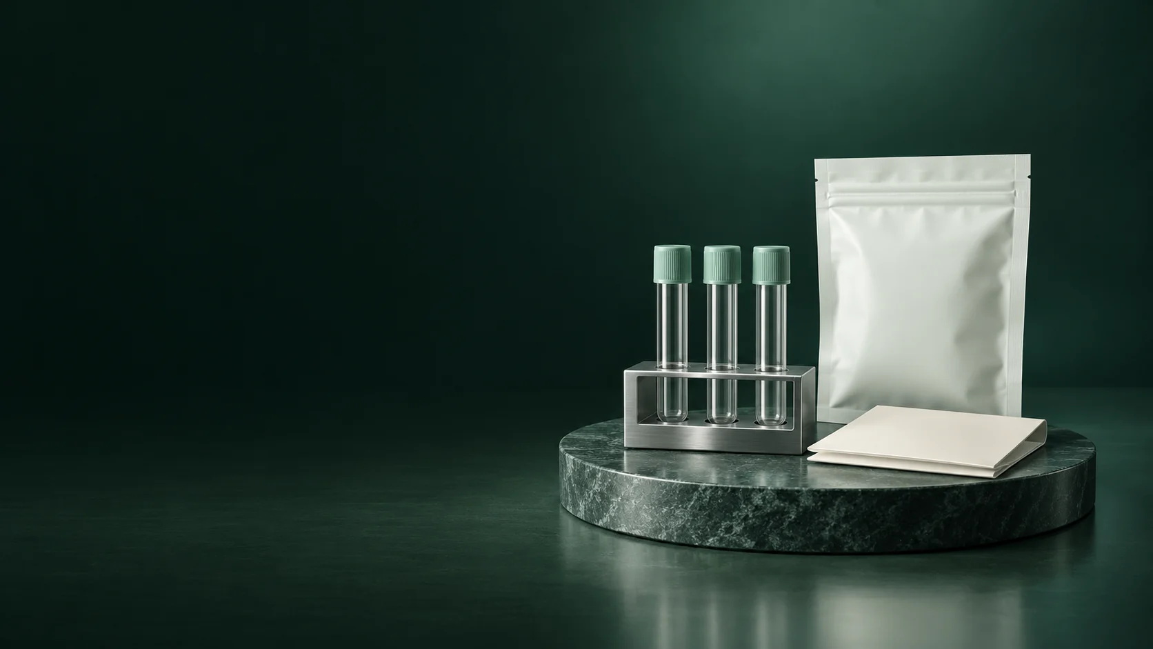 Empty capped glass tubes in an aluminum rack sit beside a sealed pouch and blank folded paper on dark stone.