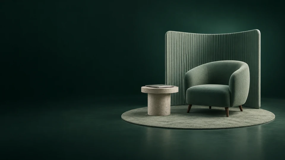 An empty sage armchair sits beside a stone table with a closed laptop in front of a ribbed textile panel.