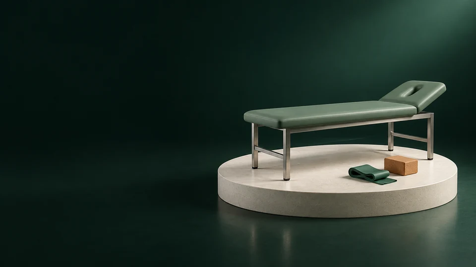 An empty sage therapy bench with a folded green resistance band and cork block on an ivory platform.