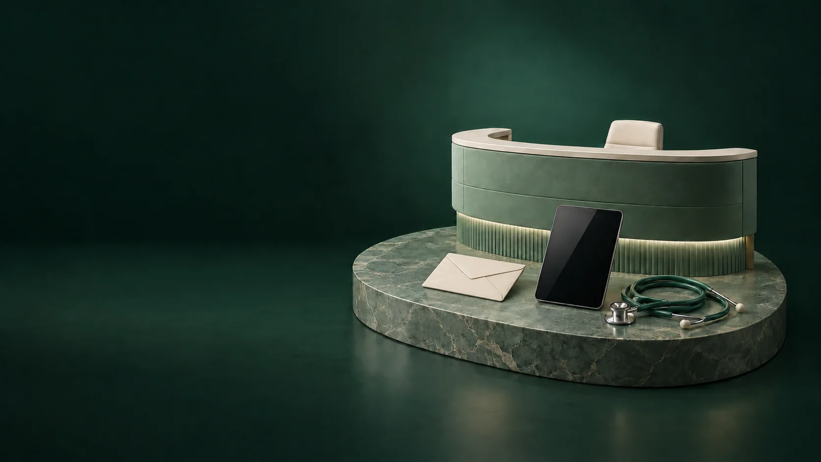 A curved sage reception desk behind a blank ivory envelope, dark tablet and coiled stethoscope on a green stone platform.