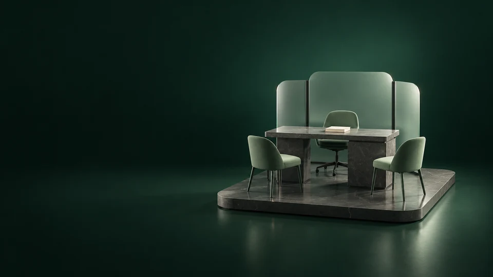 An empty consultation desk with sage chairs, a blank ivory book and frosted partition on a dark stone platform.
