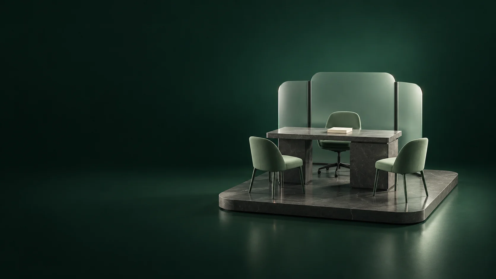 An empty consultation desk with sage chairs, a blank ivory book and frosted partition on a dark stone platform.