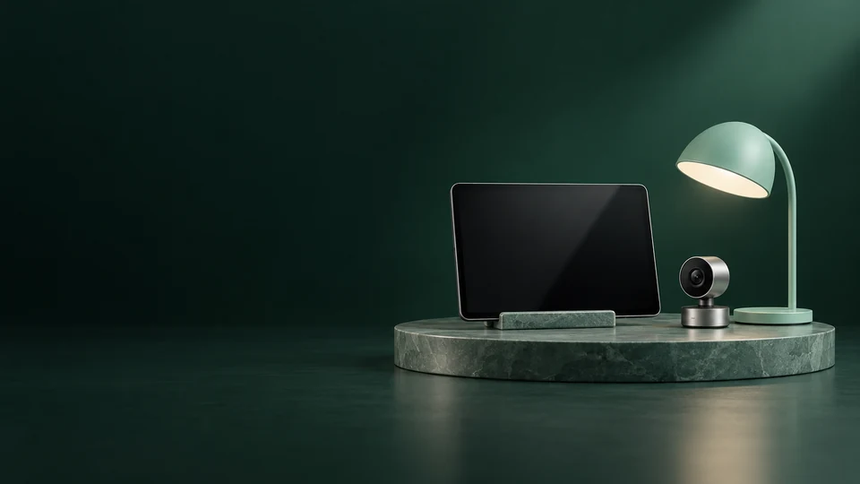 A blank dark tablet, cylindrical webcam and curved mint desk lamp on an oval green stone platform.
