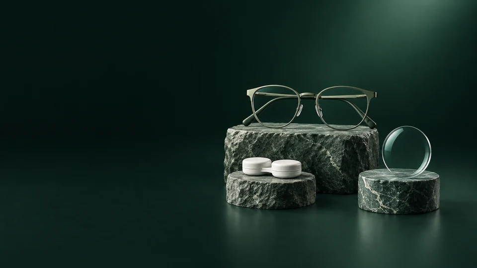 Olive metal spectacles, a closed white lens case and a clear round lens on three green stone plinths.