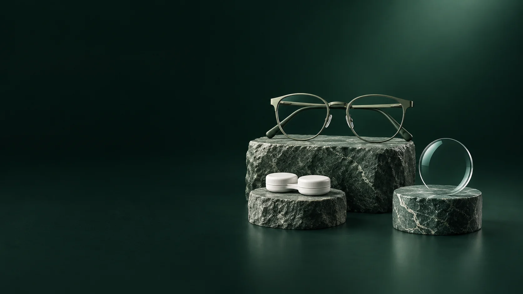 Olive metal spectacles, a closed white lens case and a clear round lens on three green stone plinths.