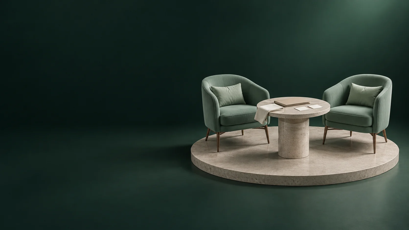 Two empty sage chairs around a stone table with a closed folio, blank cards and folded linen on an ivory platform.