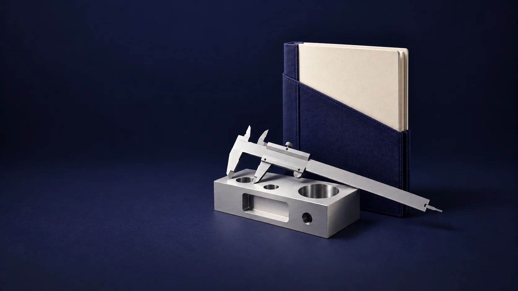 An unmarked study folio beside a complete caliper and metal training block.