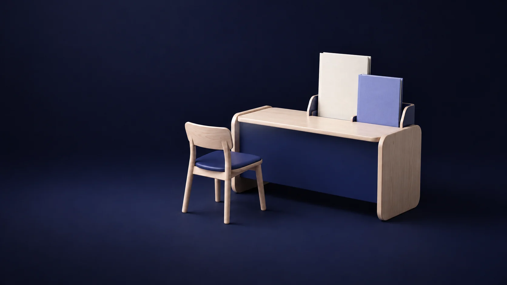 A small registration desk model with separate unmarked folios and an empty chair.