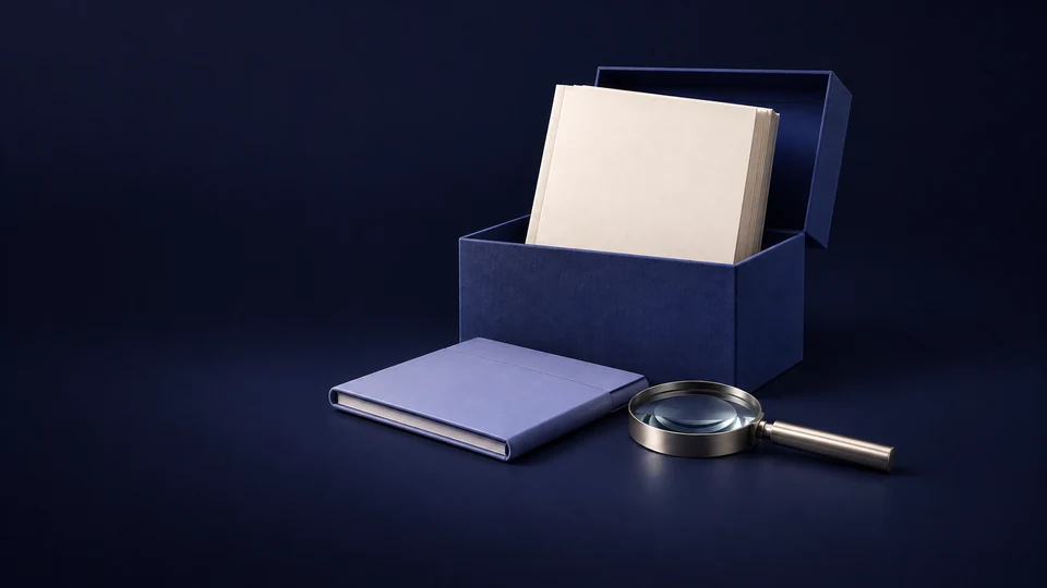An open archival box holding a blank manuscript beside an interview folio and magnifying glass.