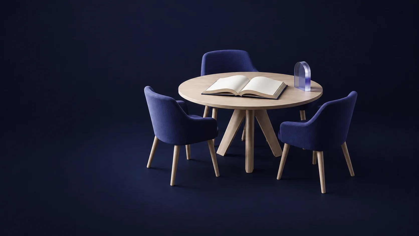 A round seminar table with three empty chairs and a blank open book.