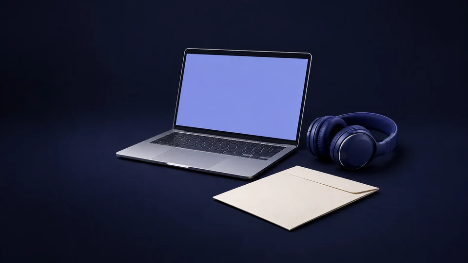 An unbranded laptop with a blank screen beside headphones and a transcript sleeve.