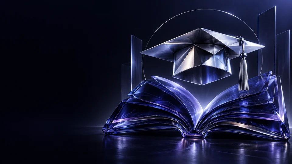 An indigo glass open book beneath a faceted silver mortarboard and tassel.