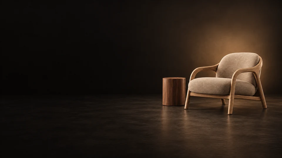 Oak lounge chair with biscuit upholstery beside a small walnut table.