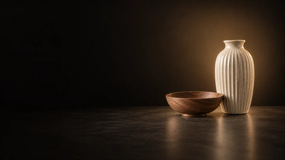 Ribbed ivory stoneware vase beside a low walnut decorative bowl.
