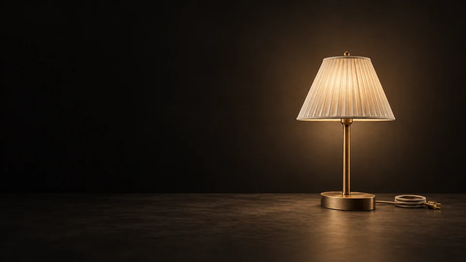 Brass table lamp with a pleated ivory shade and neatly coiled cord.