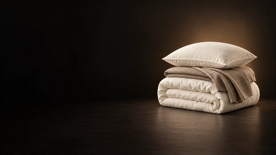 Folded ivory duvet and taupe sheet beneath a softly structured pillow.