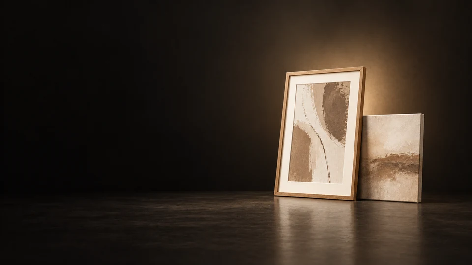 Oak-framed abstract print beside a smaller unframed textured canvas.