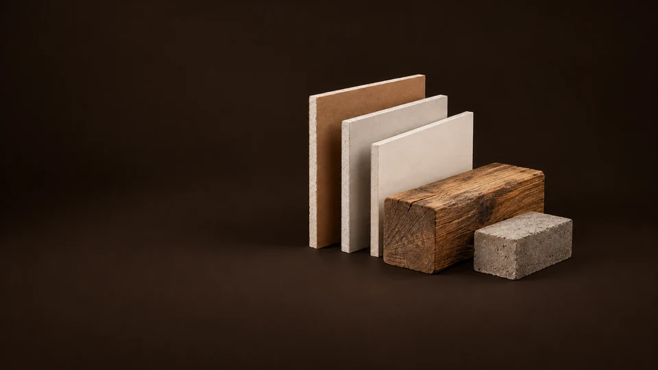 A fan of wallboard samples beside an oak beam and a masonry block.