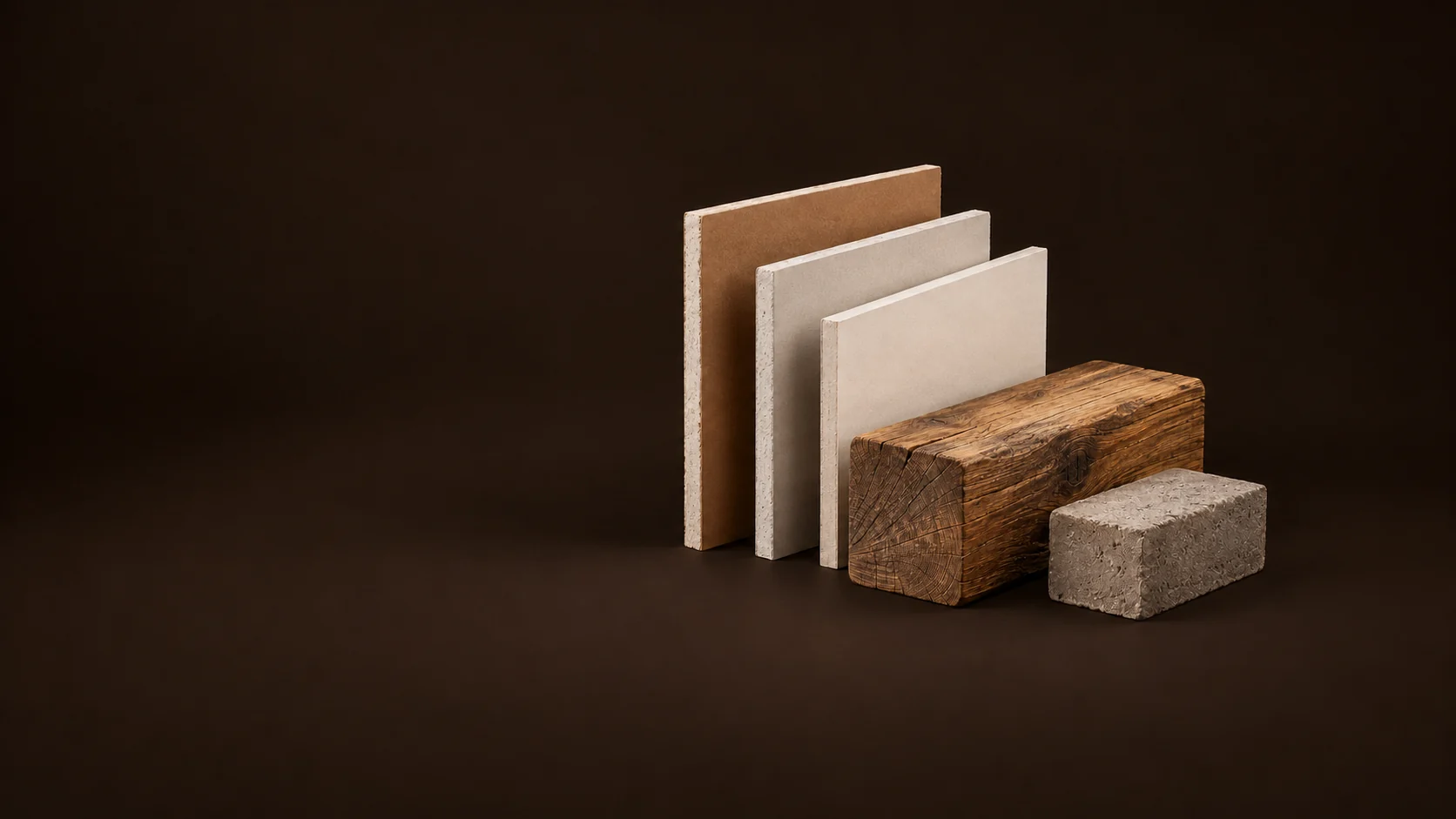 A fan of wallboard samples beside an oak beam and a masonry block.