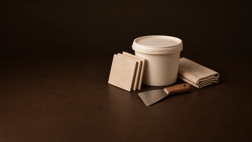 An unmarked compound tub, ceramic tiles, putty knife and folded drop cloth.
