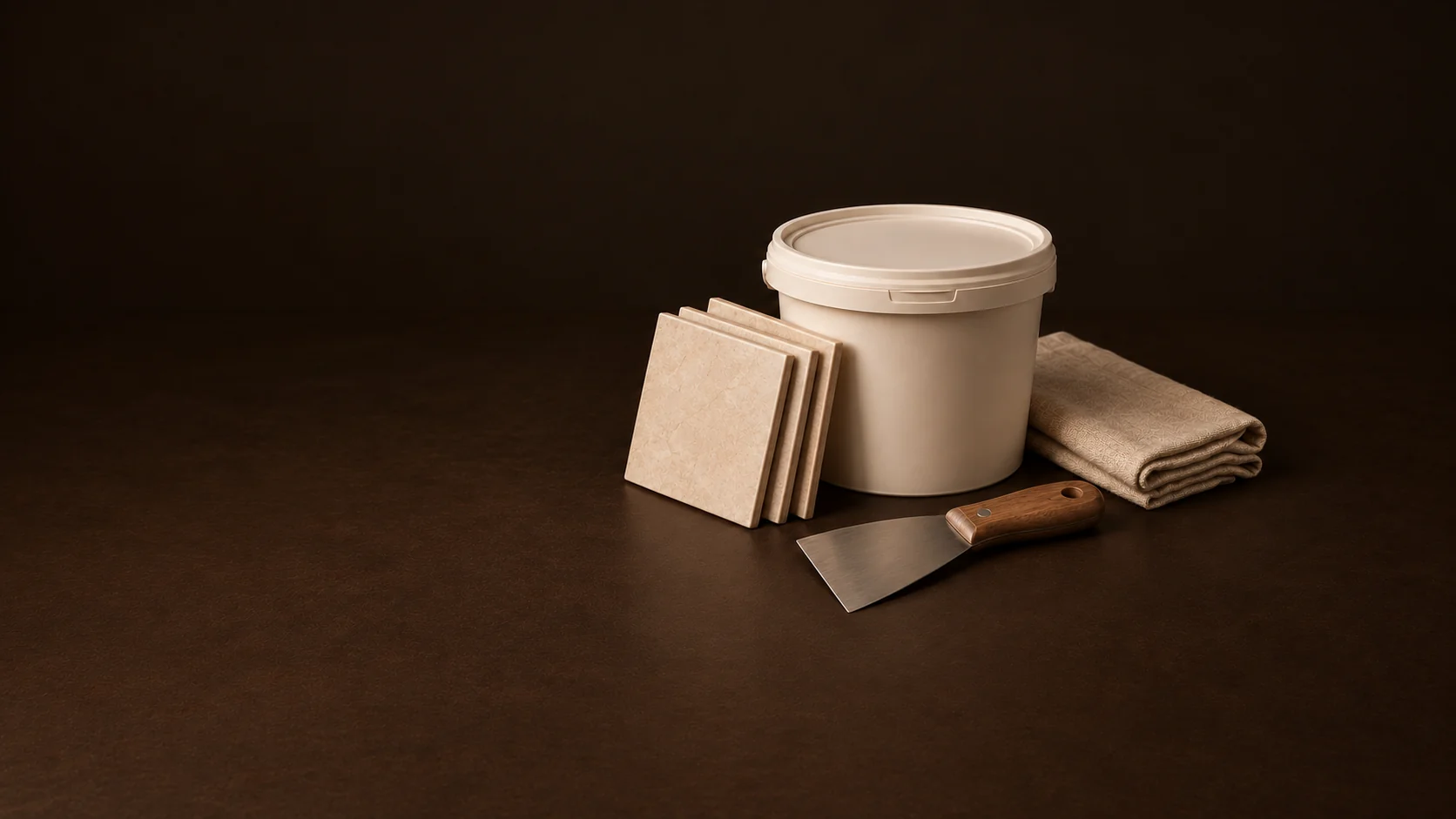 An unmarked compound tub, ceramic tiles, putty knife and folded drop cloth.