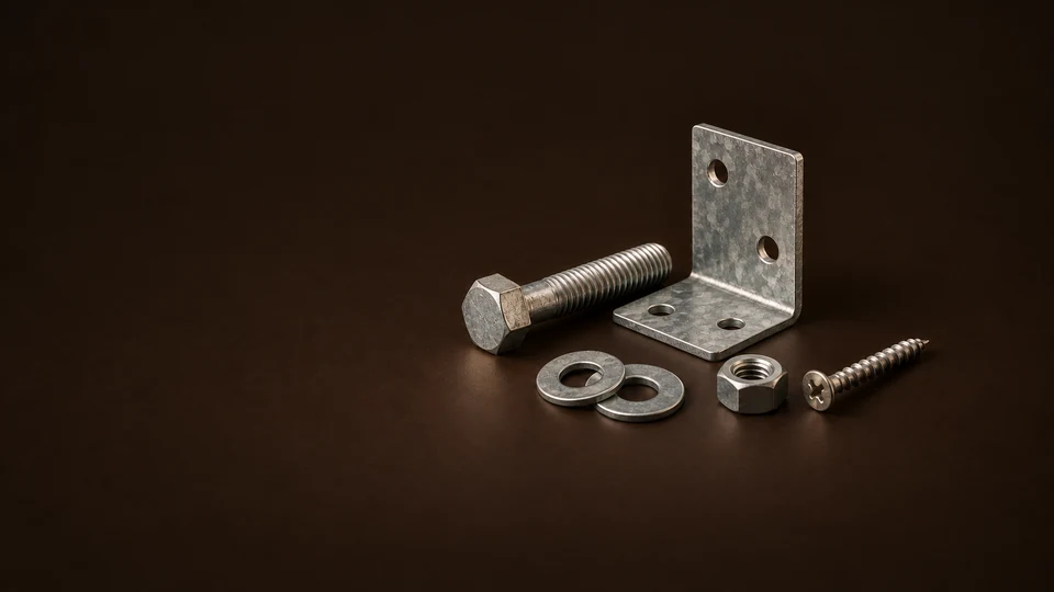 A connector plate, bolt, washers, hex nut and wood screw on a dark surface.