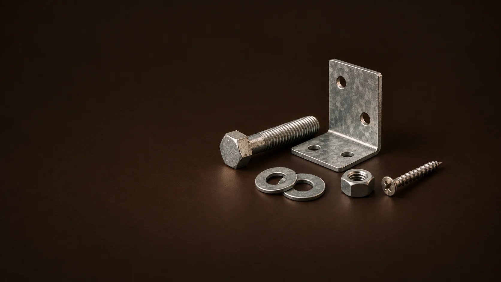 A connector plate, bolt, washers, hex nut and wood screw on a dark surface.