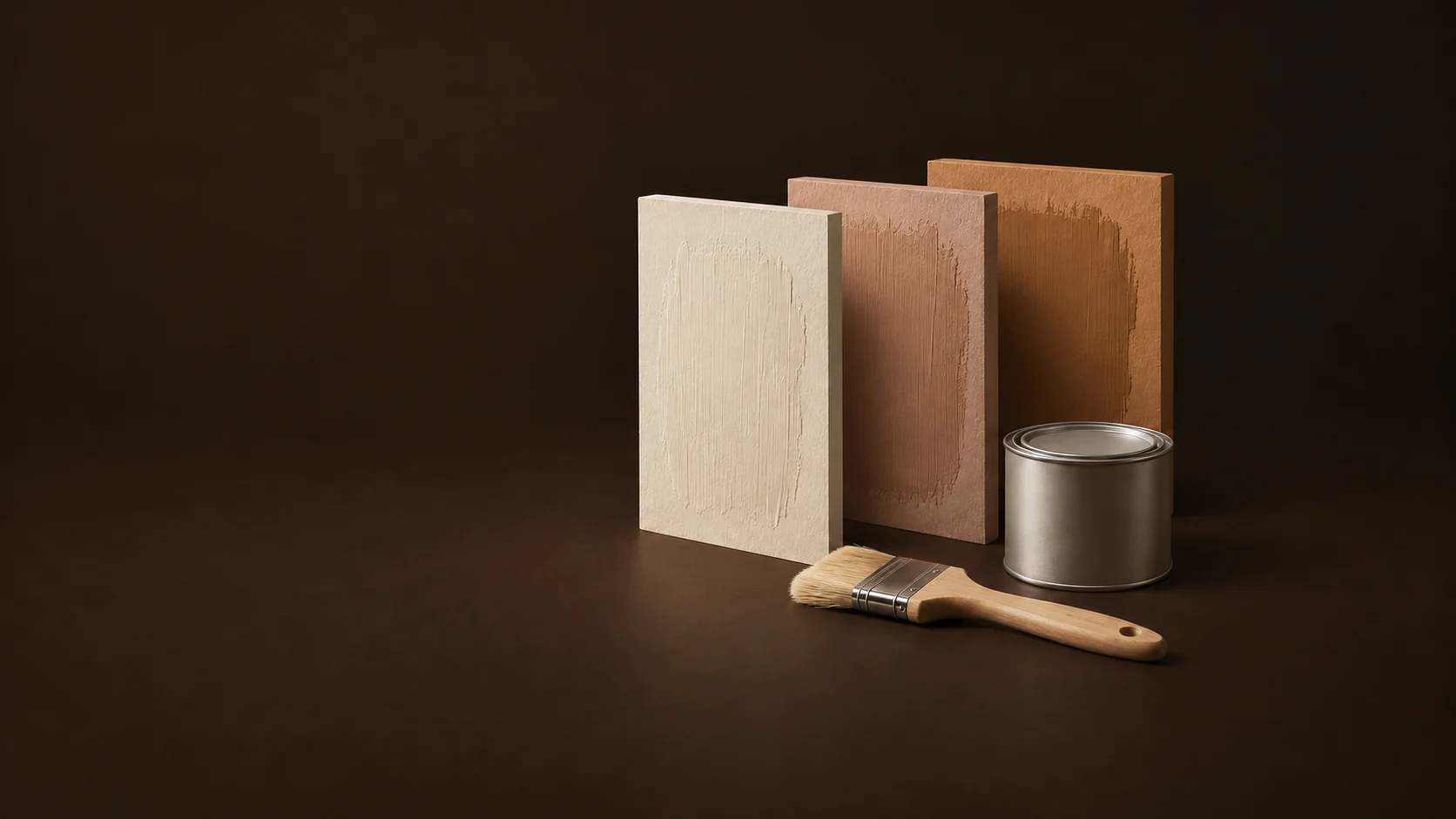 Painted sample panels, a closed tin and a flat brush with a wooden handle.
