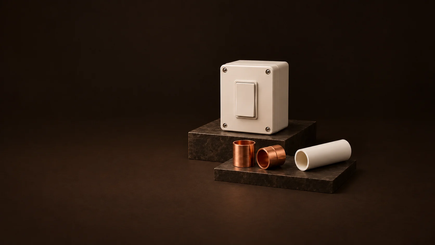 A closed electrical enclosure and detached copper and plastic plumbing parts.