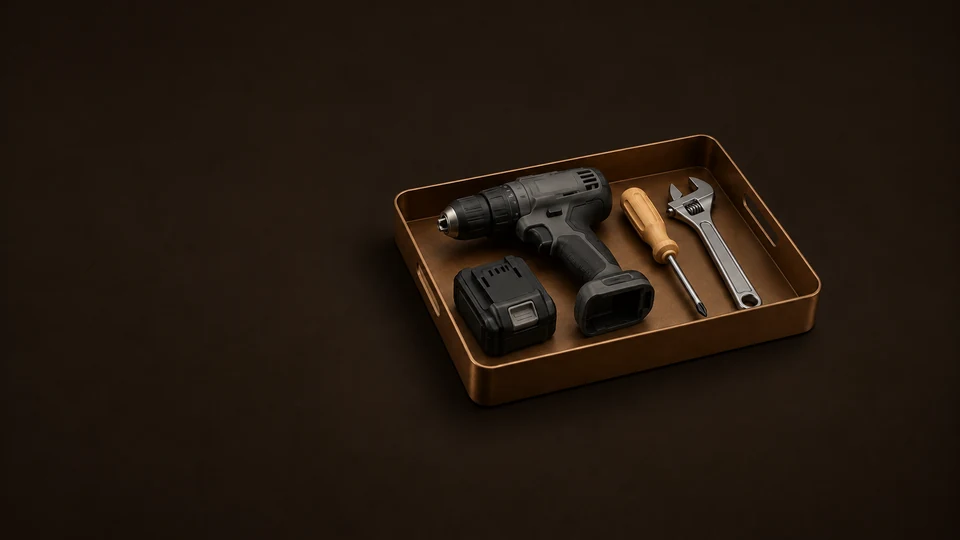 An inactive cordless drill, detached battery, screwdriver and wrench in a low tool tray.