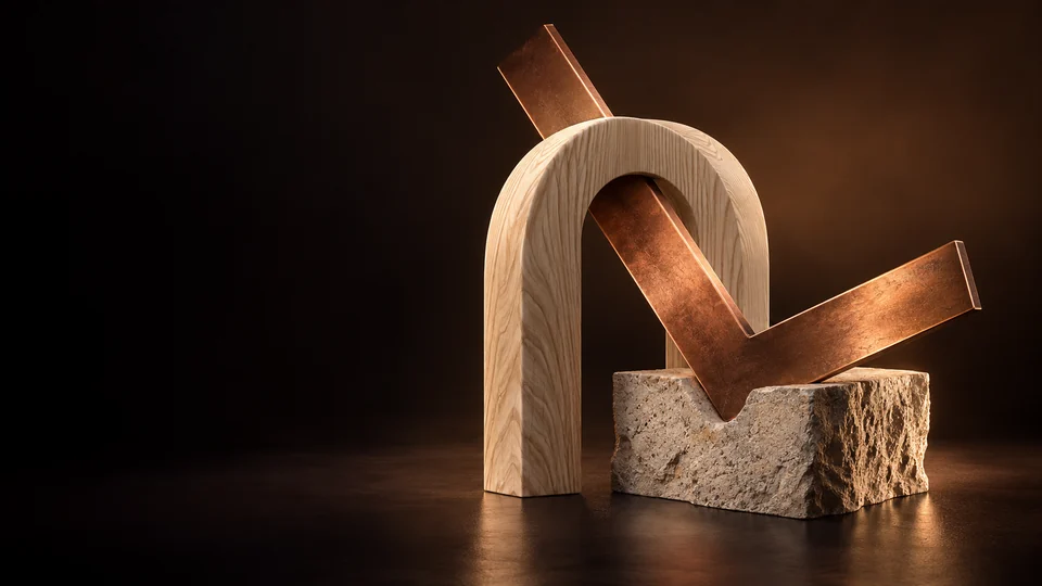 A pale wood arch and angled copper form resting against a rough stone block.