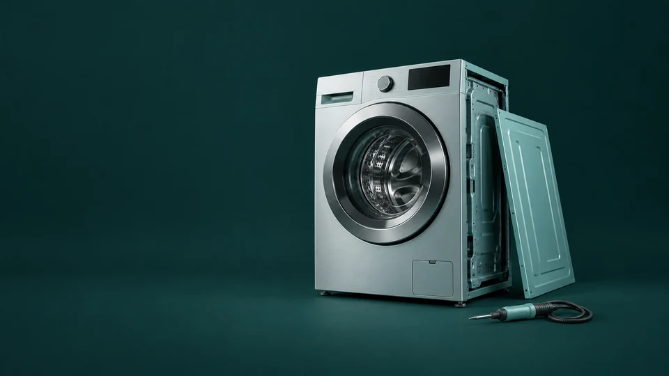 A brushed-steel washing-machine chassis with a separate teal side cover and a diagnostic probe.