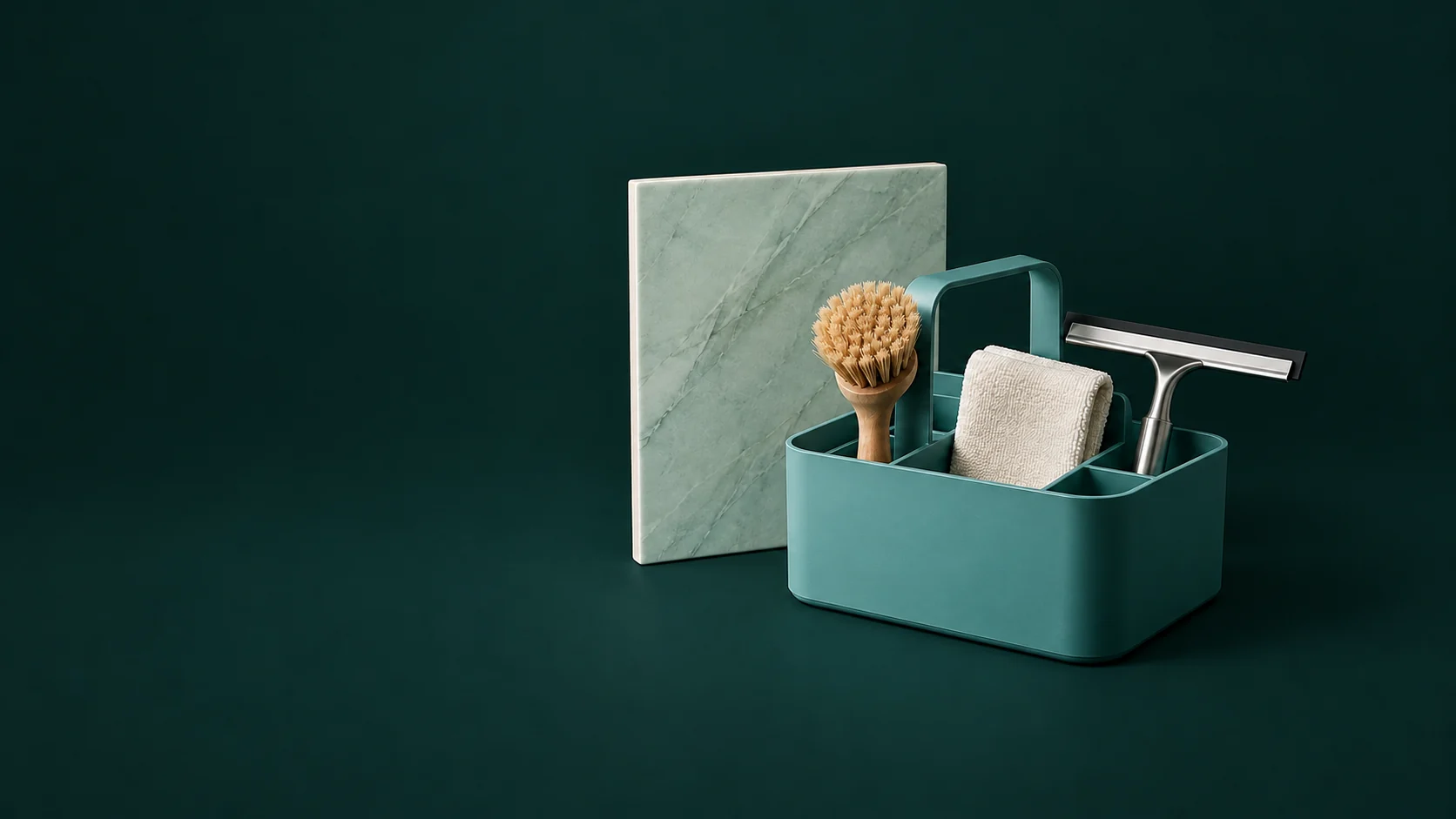 A teal cleaning caddy holding a cloth and brush beside a complete squeegee and ceramic panel.