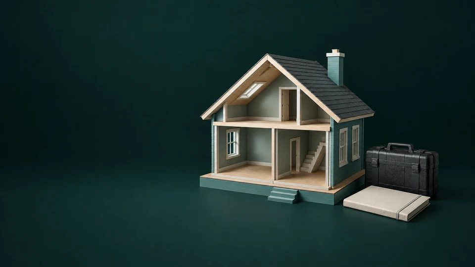A teal and pale-wood house-section model beside a closed tool case and blank repair folio.