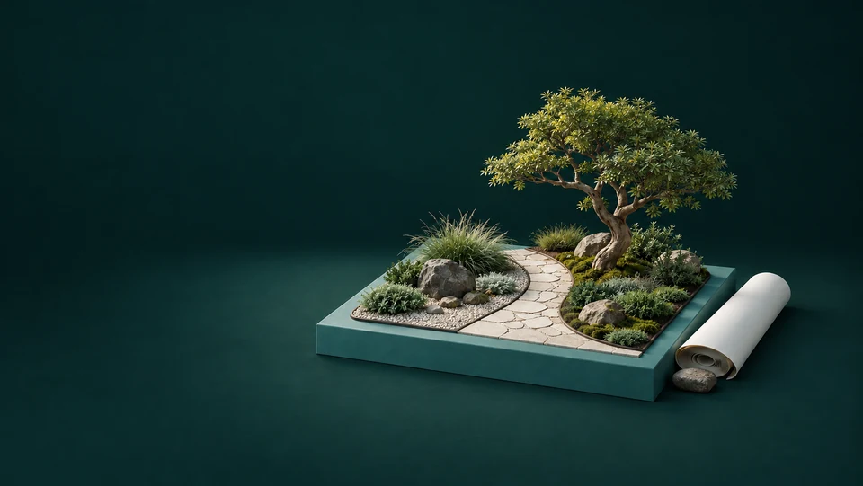 A miniature garden model with a curved stone path, planting beds, one tree and a rolled blank plan.