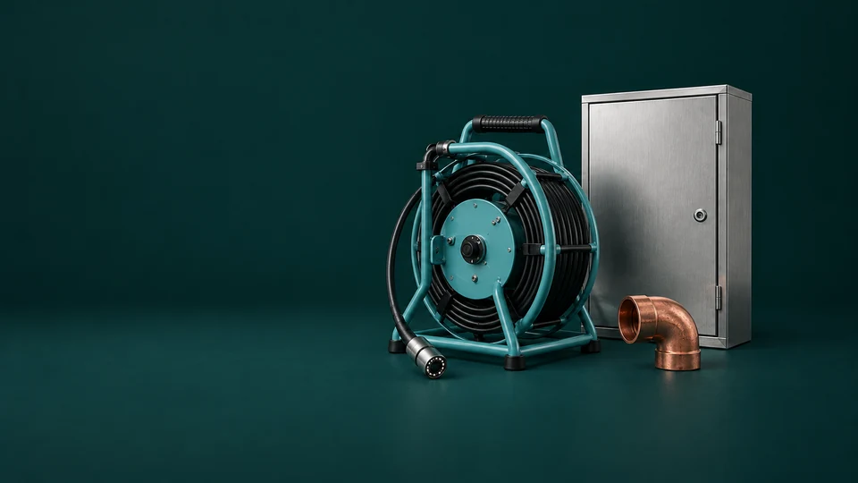 A complete pipe-camera reel beside a closed steel electrical cabinet and copper elbow.