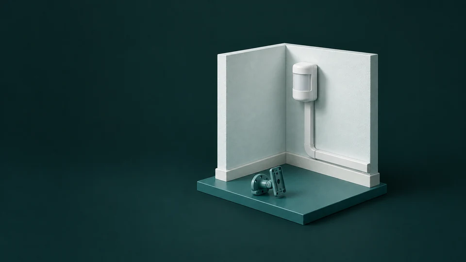 A pale room-corner model with a closed wall sensor, enclosed cable channel and detached mounting bracket.