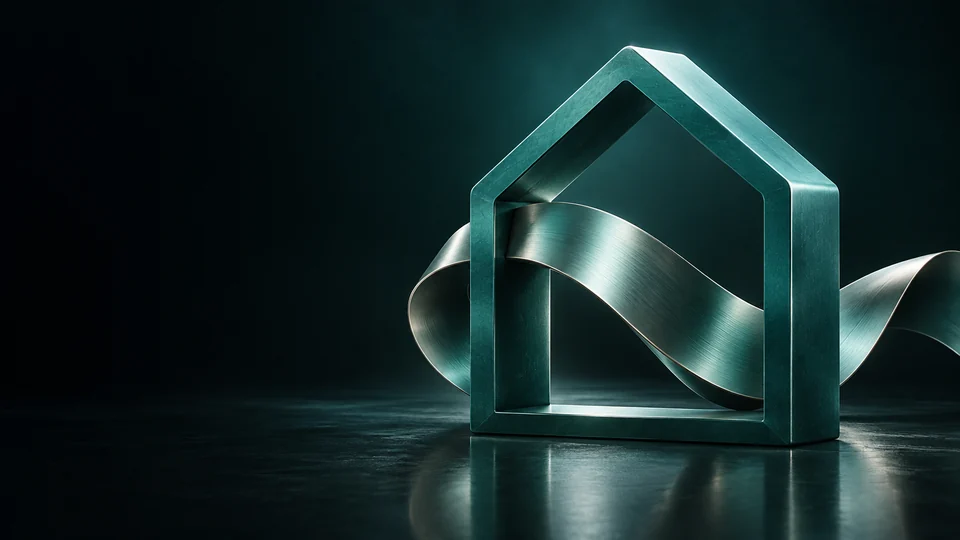A teal metal house outline with a broad brushed-metal ribbon passing through it.