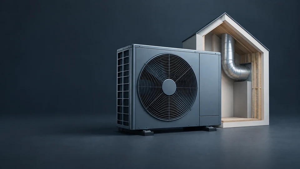 A blue-gray heat-pump unit beside a pale house-section model with a silver duct curve.
